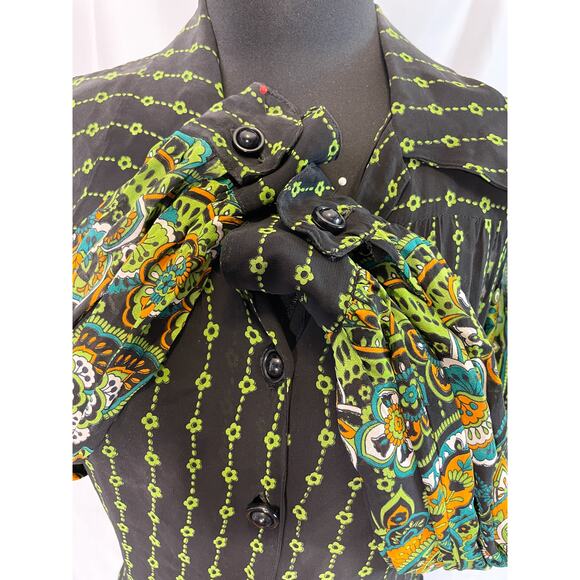 Vintage 70s Psychedelic Paisley Shirt Dress – Black, Green, Floral, M - Picture 10 of 16